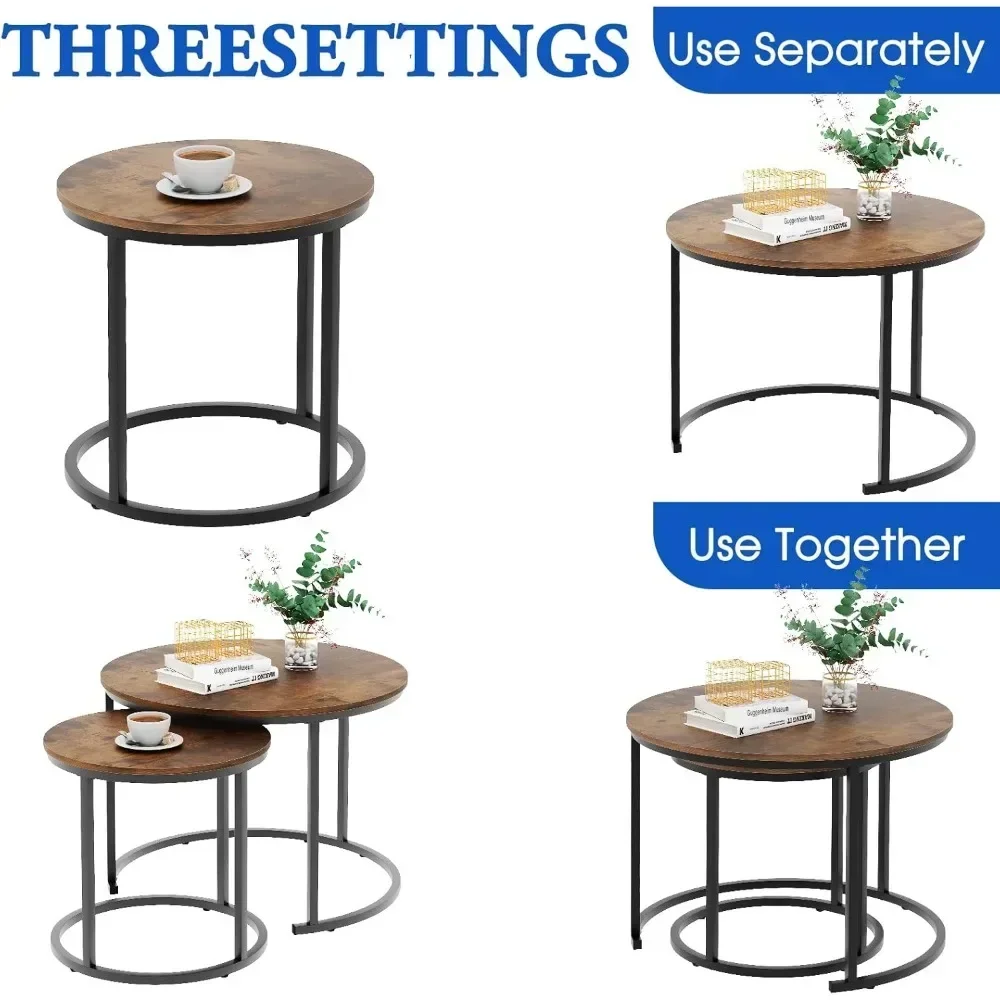 Coffee Table Nesting Round Table Set of 2 Side Table with Sturdy Metal Frame for Living Room Bedroom Apartment Modern Industria
