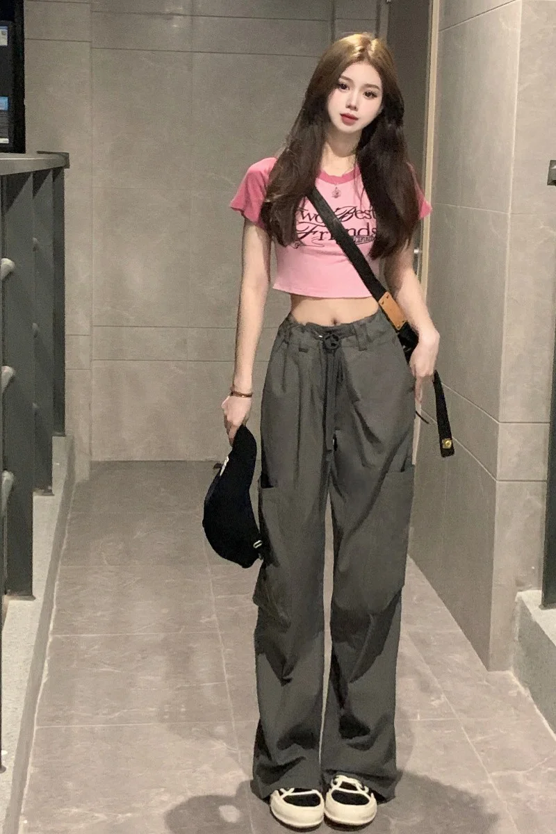 American Short-sleeved T-shirt Women's Spring High Waist Wide Leg Pants Slim Short Top Casual Pants Suit Trousers