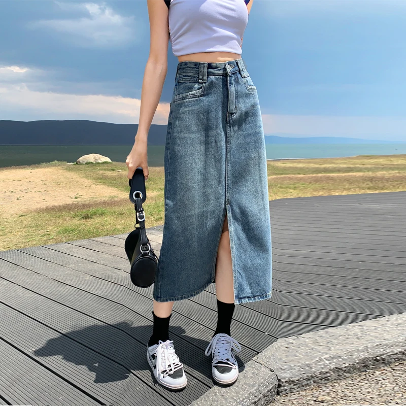 

Denim Skirt Summer High Waisted Slit Twill Long Skirt A-line Mid Length Hip Skirt Korean Fashion Women Clothing Vintage Skirts
