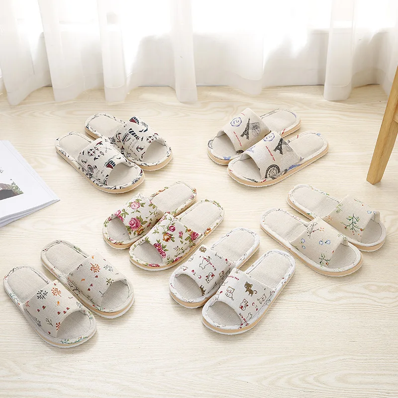 Four Season Linen Home Slippers Women Autumn Indoor Casual Floral Slides Couples House Non-slip Sandals Adults Cartoon Cat Shoes 2