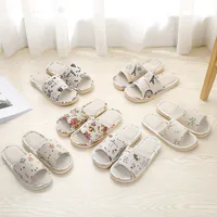 Four Season Linen Home Slippers Women Autumn Indoor Casual Floral Slides Couples House Non-slip Sandals Adults Cartoon Cat Shoes 2