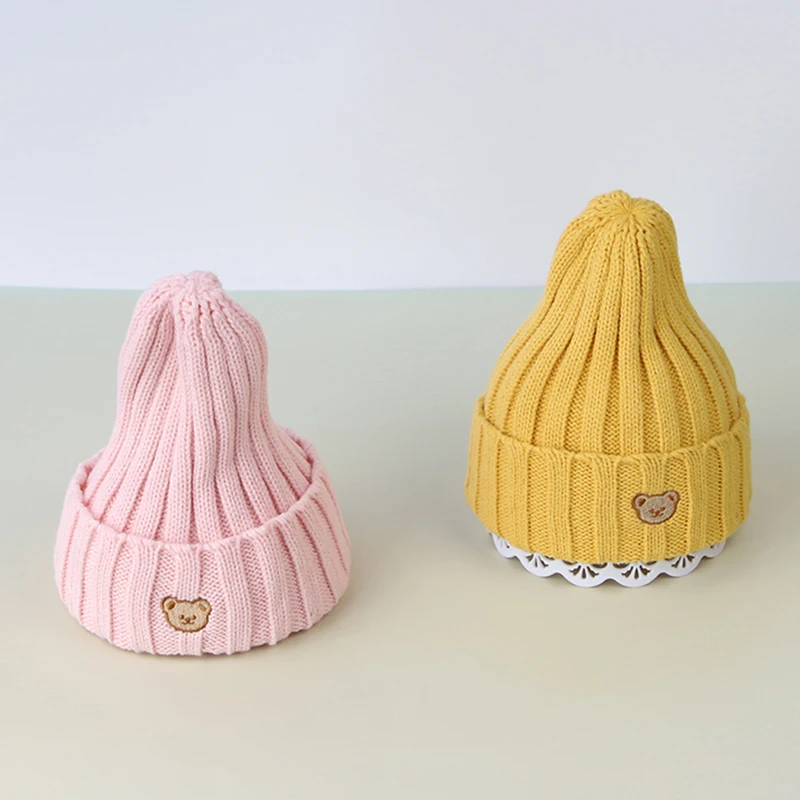 Autumn Winter Baby Hat Solid Color Knitted Warm Kids Toddler Bonnet Hat Cartoon Bear Crochet Baby Girl Boy Beanie Cap 4