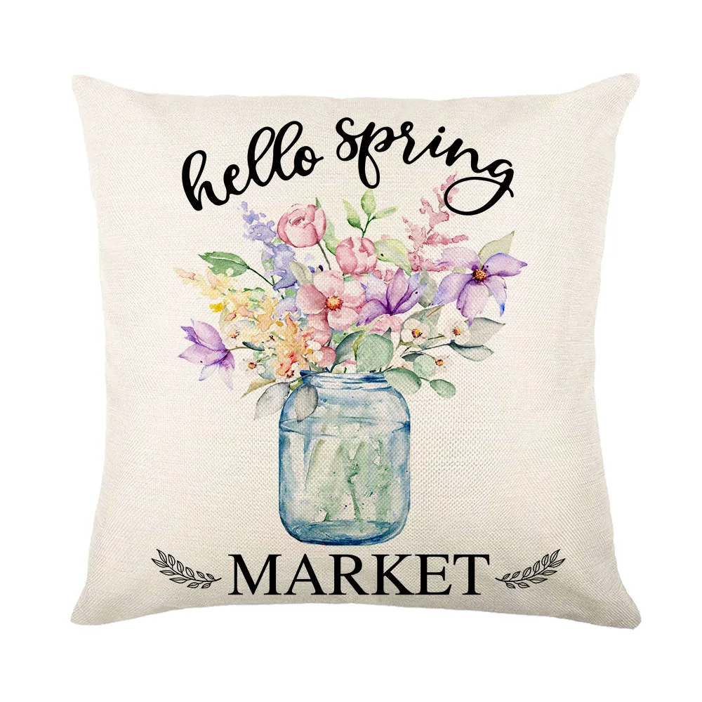 Bucolic Home Decor Pillow Cover 18x18in Flowers Truck Bike Printed Cushion Cover Simple Style Square Linen Pillowcase for Couch