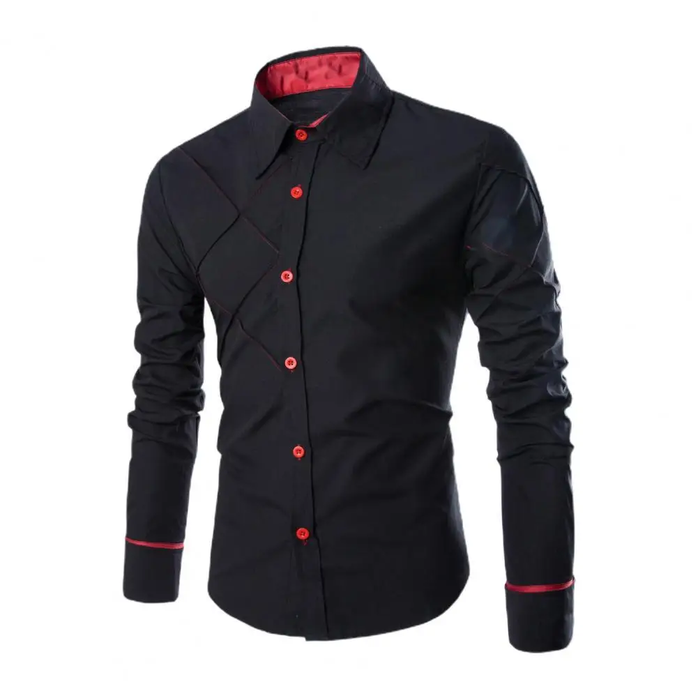 Men Shirt Color Block Line Plaid Streetwear Slim-fitting Contrast Color Business Slim-fitting Folds Shirt