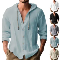 Men's solid color casual shirt, hooded drawstring cotton and linen cardigan, trendy and versatile loose beach T-shirt 1