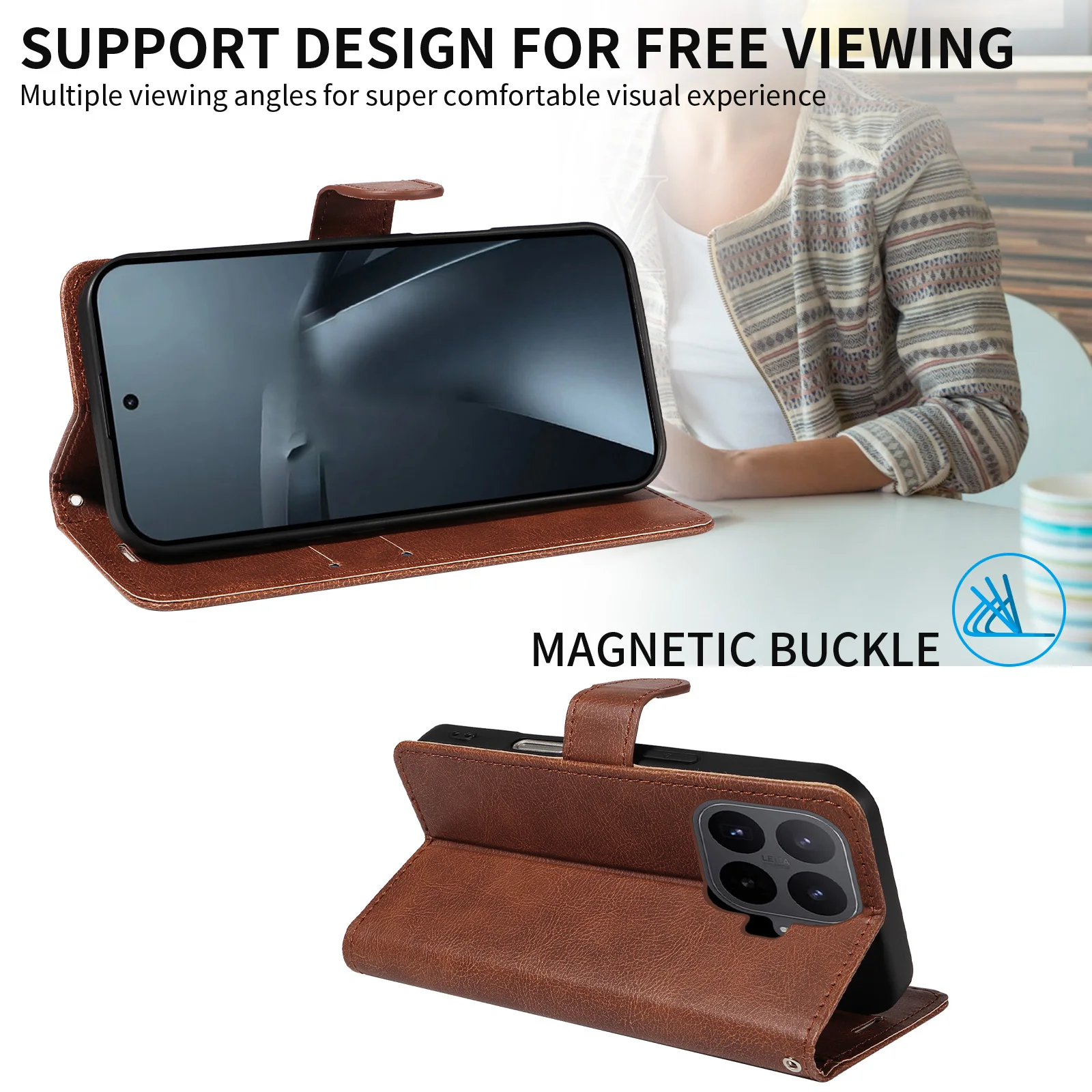 Leather Wallet Flip Phone Case with Card Holder and Stand Feature