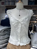 Chemisier basique blanc à volants pour femme, haut d'été, plis, simple boutonnage, fibre précieuse, décontracté, coton glacé, caraco doux, 2k 1