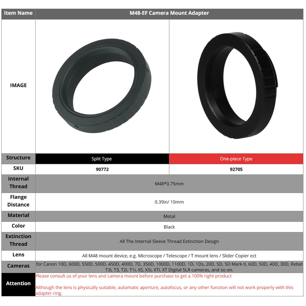 EYSDON-Adaptateur T-Ring M48 vers EF, pour télescopes aninolergiques, appareil photo reflex numérique IL, monture EF pour la photographie