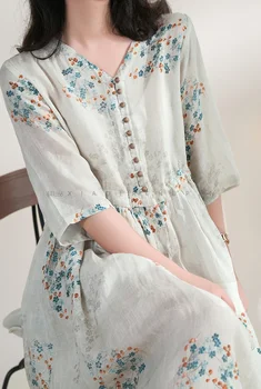 Summer Dress Women 2025 Long Print Elegant Clothing Vintage Elastic Waist Korean Beach Style V-Neck Fashion Robe Ropa De Mujer 1