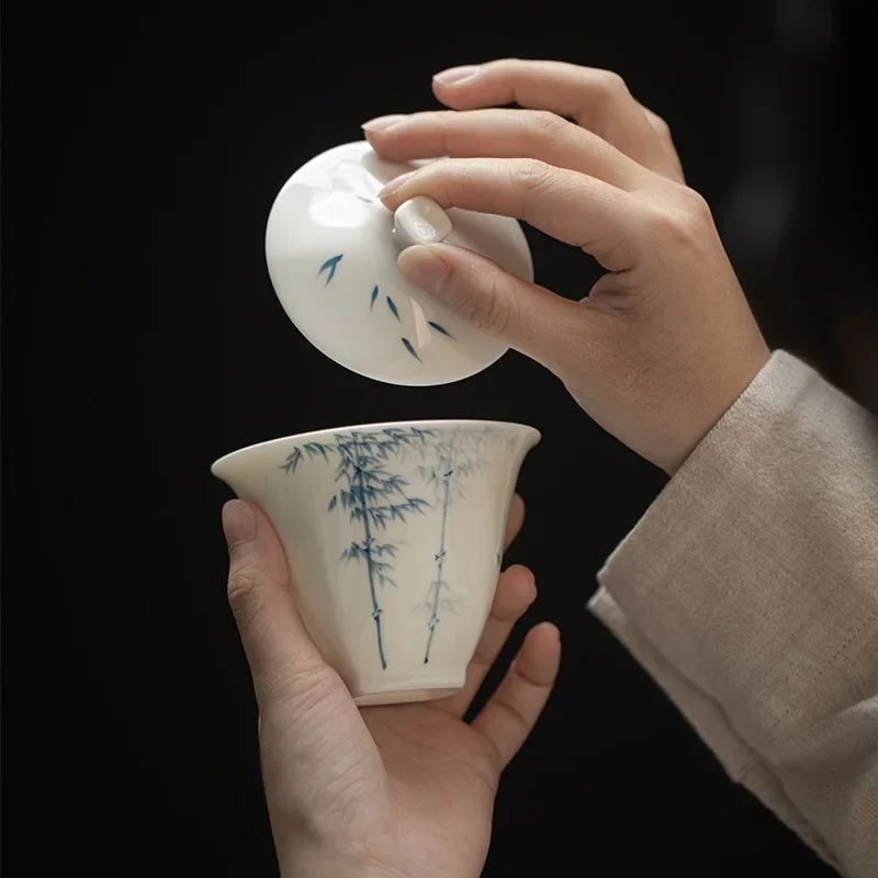 160ml Jade Clay White Porcelain Hand-painted Blue and White Bamboo Gaiwan Chinese Style Simple Tea Making Bowl