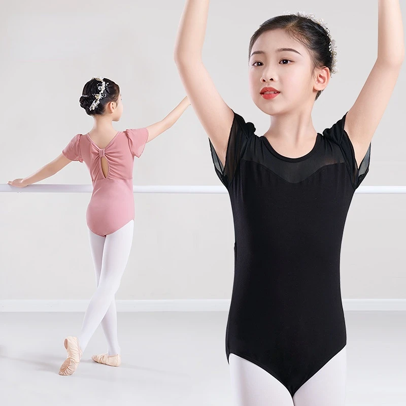 

Children Short-sleeved Ballet Costume with Butterfly Mesh Spandex Patchwork Summer Dancing Clothes Training Exercise Bodysuit