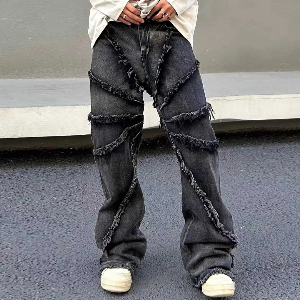 

Y2k Frayed Pantalones Hombre Baggy Denim Trousers for Men and Women Streetwear Washed Straight Loose Jeans Oversized Cargos