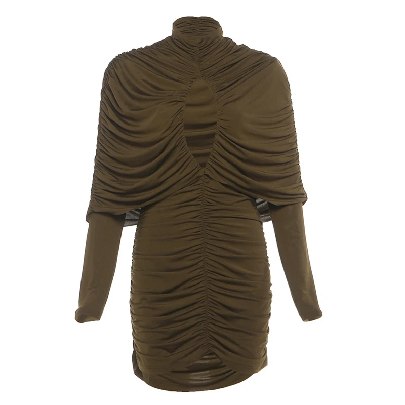 Damen Drapiertes Minikleid mit Stehkragen, Langen Ärmeln und Ausschnitten, Hüftbetontes Kleid 2026, Frühling Casual Täglich Party Vestidos – Detail 1
