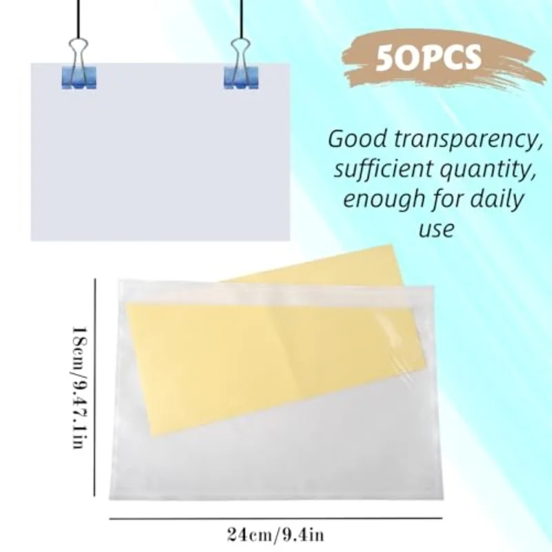 50pcs Plain Sticky Document Enclosed Wallets Plastic Shipping Pouches Peel and Seal Durable Waterproof Attach Invoices Packing