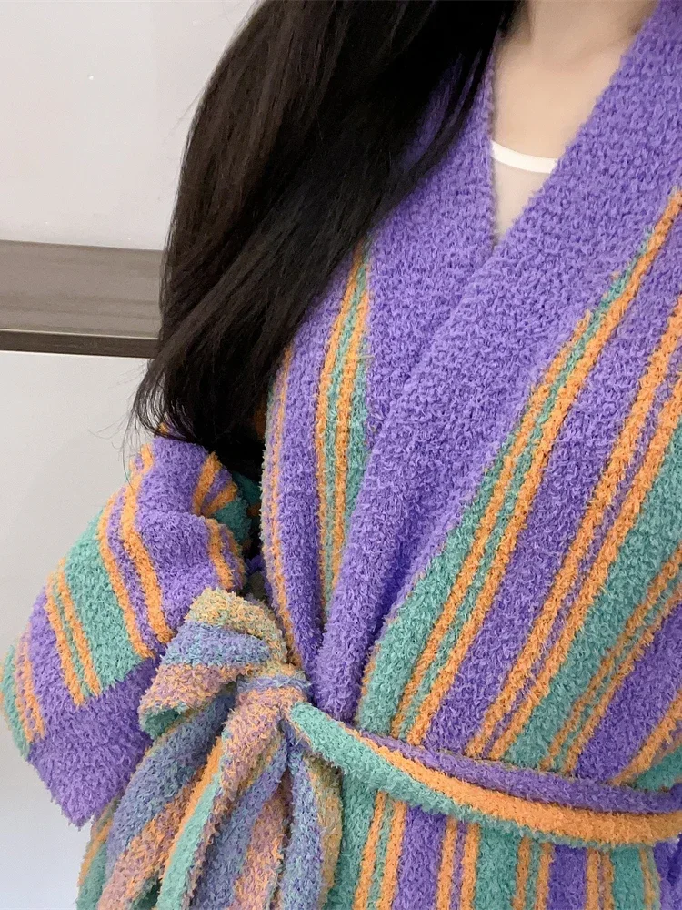 Coral Fleece Contrast Color Striped Robes Lace Up Long Sleeved Cute Nightgown Loose Bathrobe Soft Home Clothing Purple