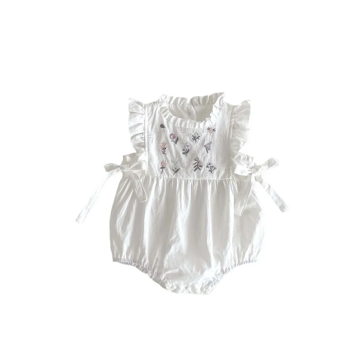 Summer Baby Romper Embroidered Butterfly Knot Side Waist Flying Sleeve Footed Bodysuit Girls