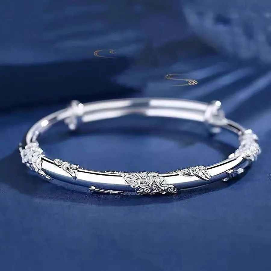 Pulsera de plata de ley 925 para mujer, brazalete con diseño original de flores florecientes, joyería de moda y boda para fiesta, regalo ajustable