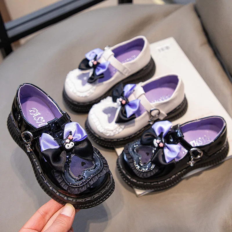 Description Picture 3 of itemGirls Leather Shoes for Party Wedding Kids Cartoon Sanrio Kuromi Princess Shoes T-Strap Fashion Children School Flats Bowtie New