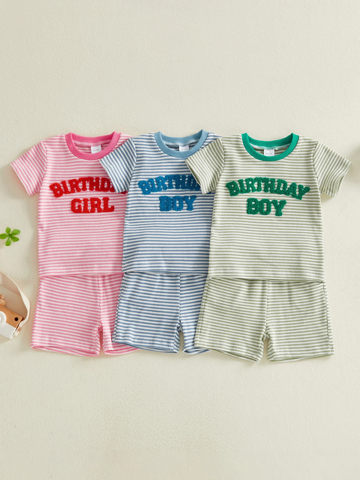Cute Baby Boy Striped Set with Embroidered Letters Short Sleeve Tee and Elastic Waist Shorts for Summer Fun