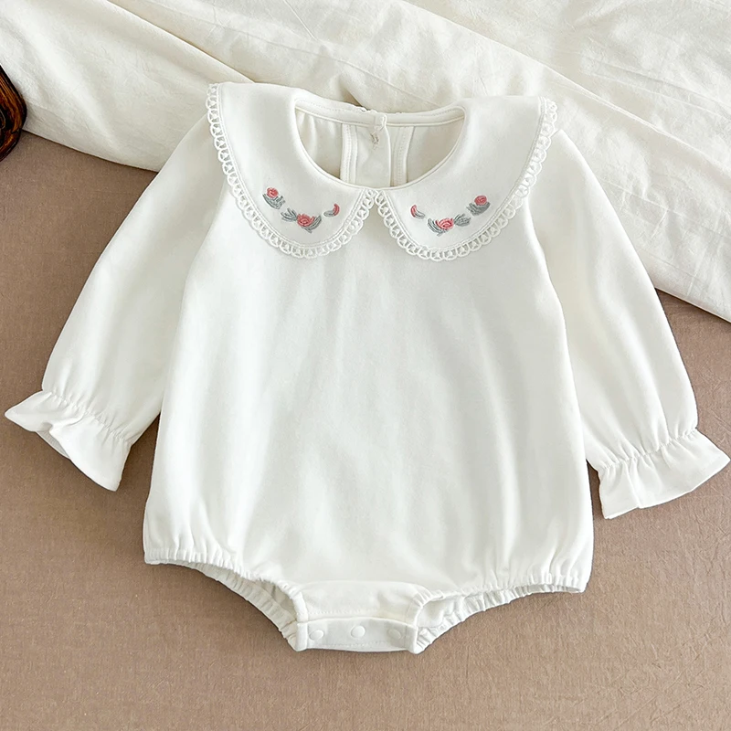 0-24M Baby Girl Romper Baby Girl Clothing Toddler New Embroidered Collar Romper Spring Cotton White Infant Baby Girls Jumpsuit