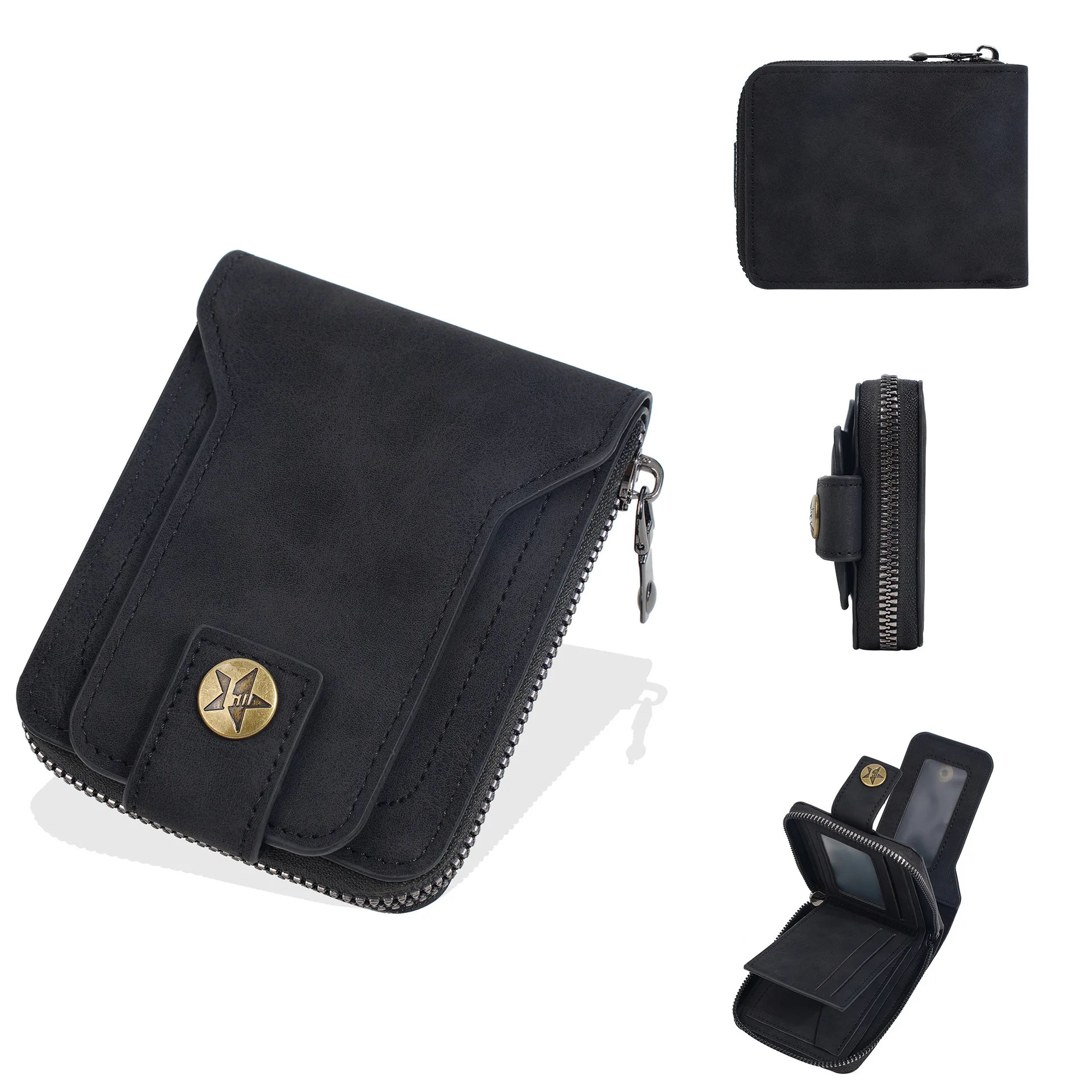 1Pcs Men's Multifunctional Short Wallet Zipper Closure Multiple Card Slots Large Capacity Coin Pocket Star Clasp