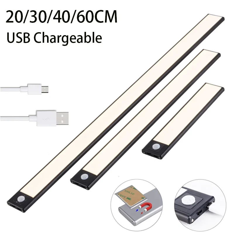 LED 야간 조명 모션 센서 조명, 주방 캐비닛 침실 옷장 실내 조명용 USB 캐비닛 아래 조명, 20 cm, 30 cm, 40 cm, 60cm