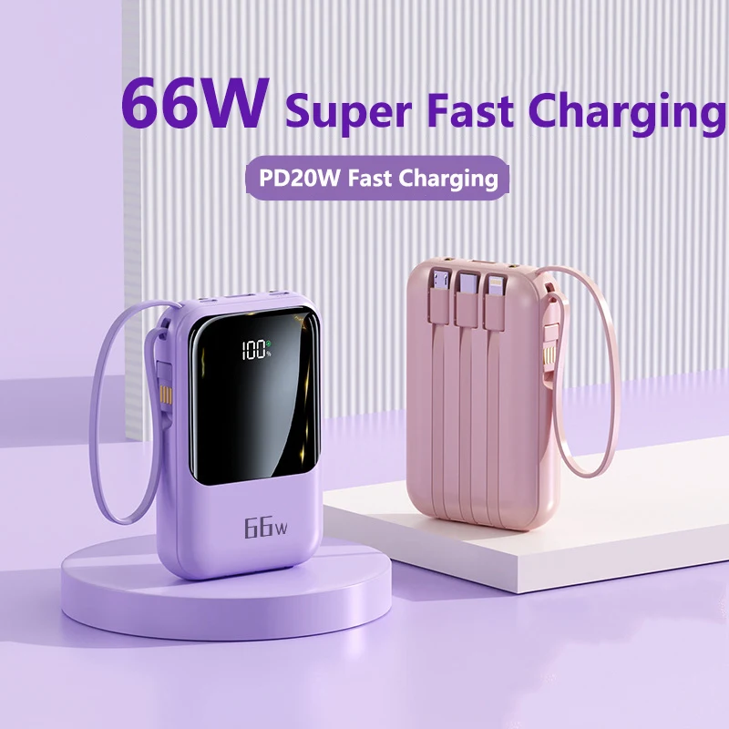 

20000mAh Power Bank 20W PD Two-Way 66W Fast Charging Powerbank Built in Cable for iPhone 14 Samsung S23 Huawei Xiaomi Poverbank