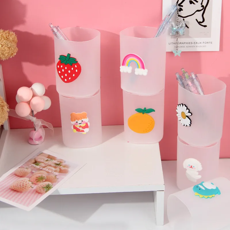 Cartoon Transparent Round Pen Holder Plastic Office Desktop Storage Box