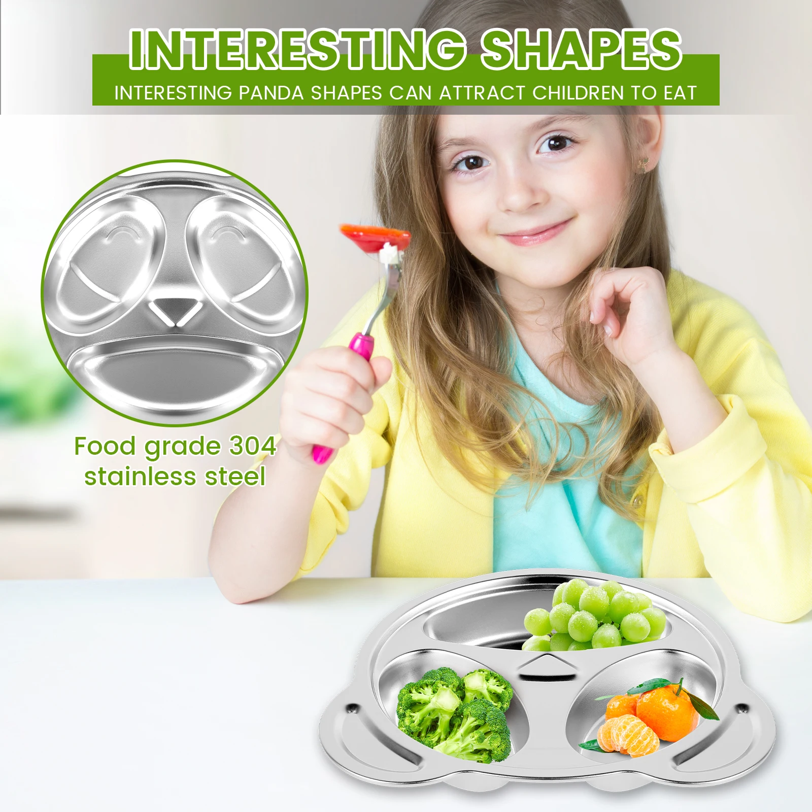3Pcs Stainless Steel Divided Plates for Adults Kids 3 Sections Lovely Panda Shape Divided Plates Dishwasher Safe Metal