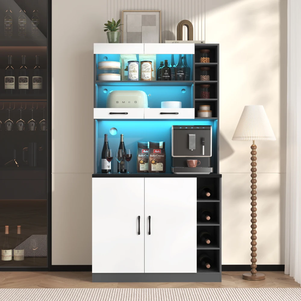 Küchenbuffetschrank mit LED-Leuchten | Freistehendes Highboard aus Holz | Großer Mikrowellenraum und verstellbarer Stauraum | Kabellöcher. – Detail 23