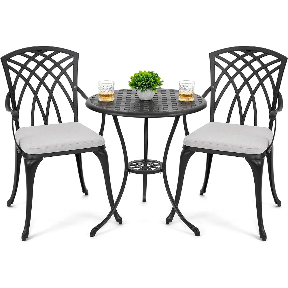 

3 Piece Bistro Table Set Cast Aluminum Outdoor Patio Furniture With Umbrella Hole and Grey Cushions for Patio Balcony Camping