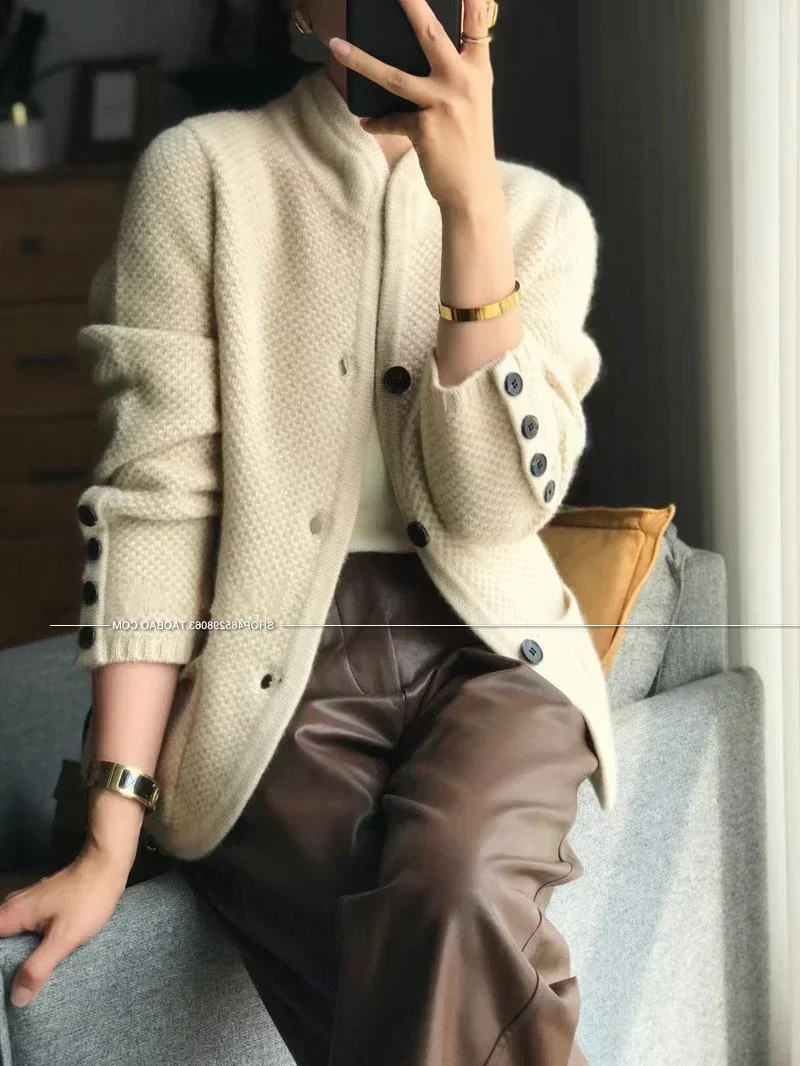여성용 두꺼운 100% 순수 캐시미어 가디건, 스탠드넥 스웨터, 루즈한 니트 베이스 스웨터, 재킷 스웨터, 가을 겨울 신상