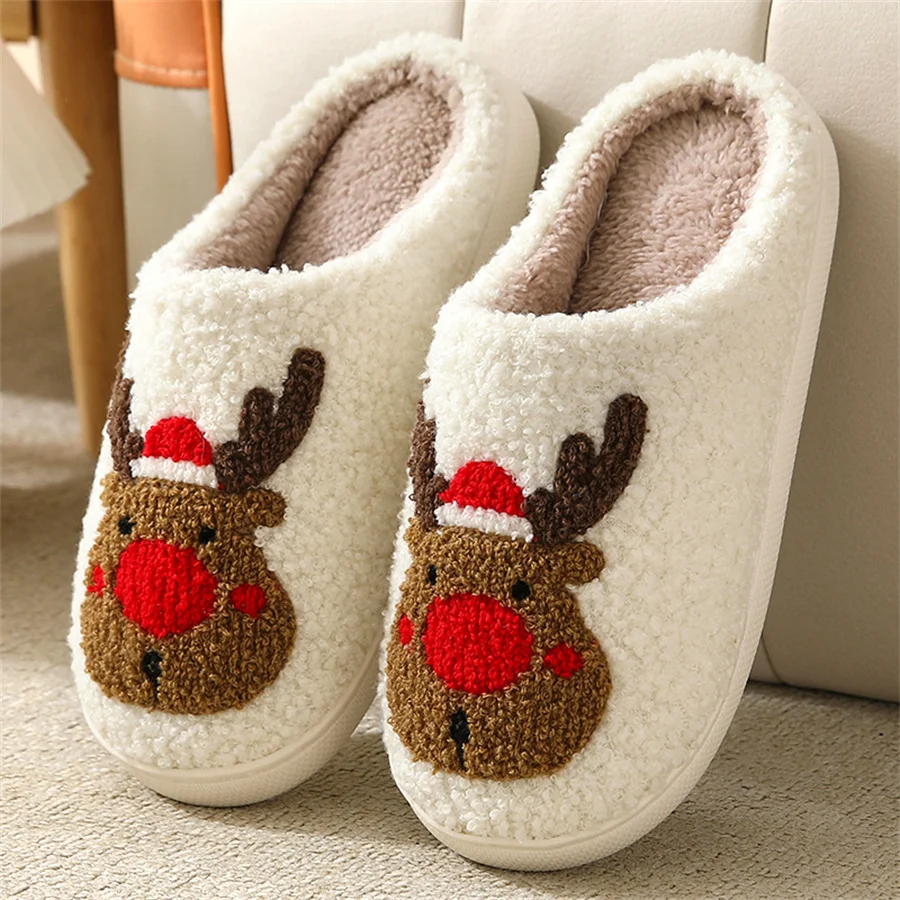 

Christmas Elk Slippers for Home Women Winter Fluffy Warm Slipper Men Cotton Plush Indoor Footwear Flat House Lovers Shoes 2024
