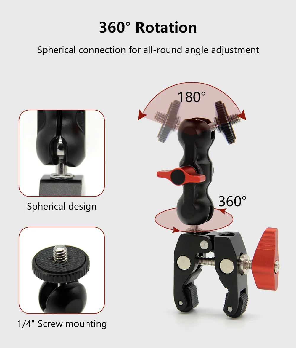 BGNing Support De Serrage Universel Pour Appareil Photo - Bras Magique Multifonction - Double Adaptateur à Rotule - Pour Moniteur, Lumière LED, Vidéo - Trou De Filetage De 6,35 Mm (non Amovible