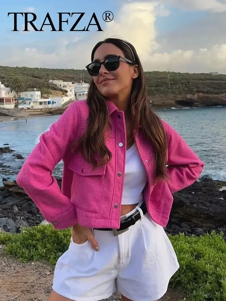 HH Women Elegant Pink Coat With Front Pockets Single Breasted Long Sleeve Jacket Casual Female Spring Autumn Solid Outerwear