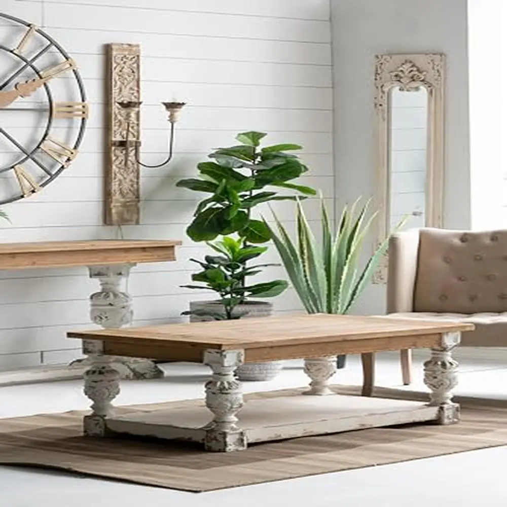 

Modern Farmhouse Rectangle Coffee Table with Easy Assembly Brown Antique White User-Friendly Living Room Furniture Storage Shelf