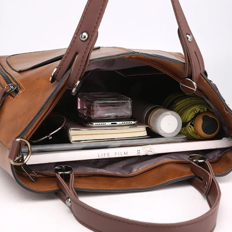 Vintage PU Leather Brown Handbags Women Large Capacity Retro Double Pocket Black Tote Bag Ladies Crossbody Shouder Bag