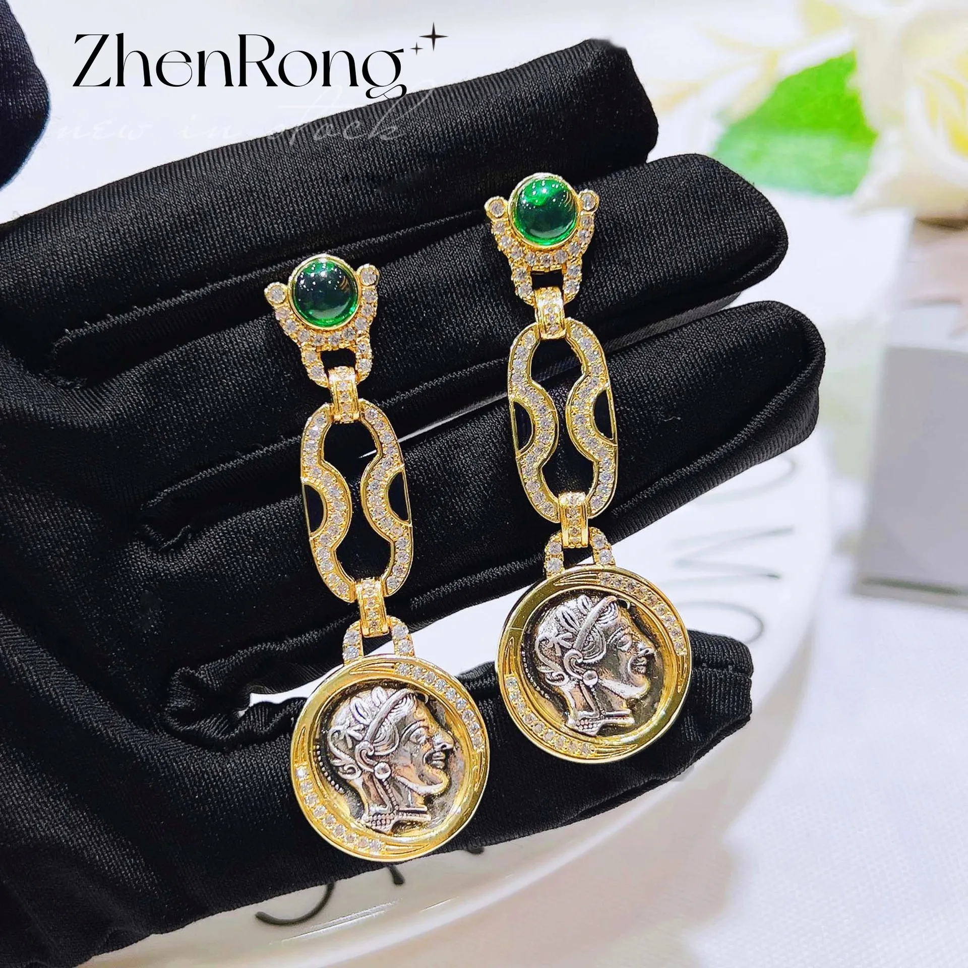

Vintage Gold Color Portrait Relief Athena Ancient Coin Earrings Retro Green Glass Long Dangle Drop Earring Jewelry For Women