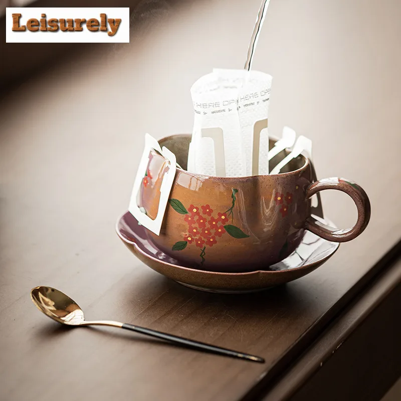 200ml Hand-painted Small Flower Coffee Mug With Plate Latte Cereal Mug Afternoon Tea Mug Cup Saucer Kit Office Water Cup Teaware