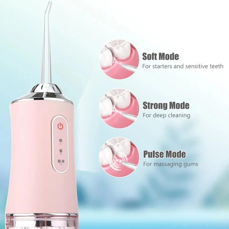 휴대용 구강 세정기, 치과 워터 플로서, USB 워터 제트 플로서, 4 제트 팁, 220ml, 3 가지 모드, IPX7, 1400rpm 입 세척기
