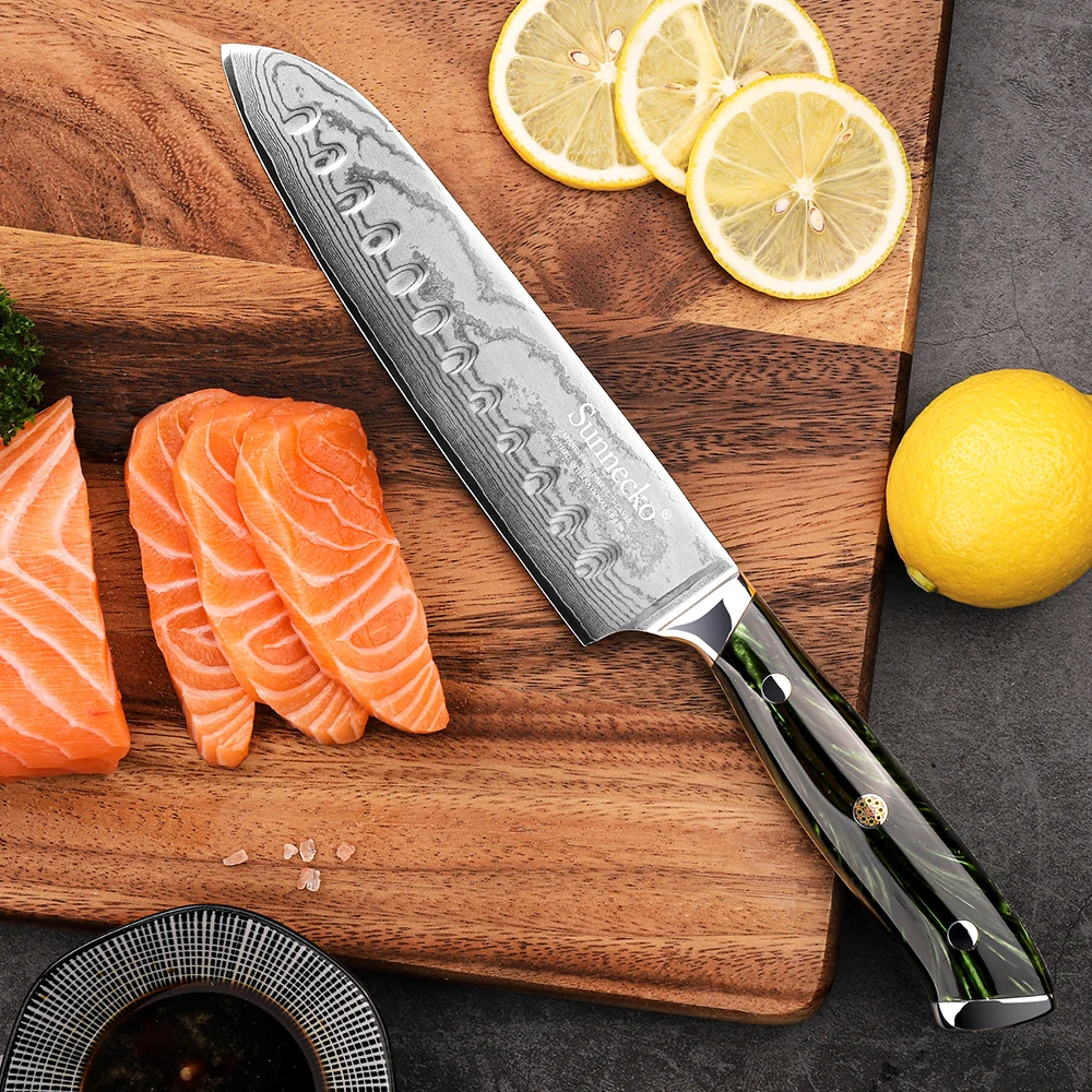 

Sunnecko Japanese Santoku Knife 7 Inch VG10 Core Damascus Steel Blade Cut Ultra Sharp Fruit Meat Cutting Knife Resin Handle
