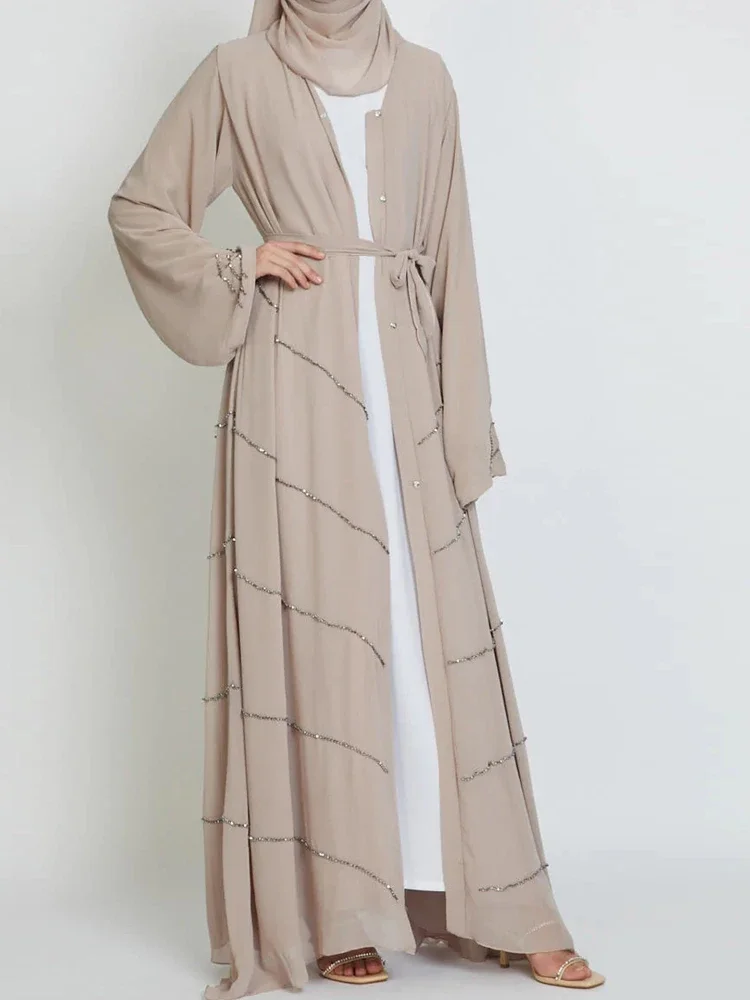 Beads Open Abaya Dubai Luxury Turkey Summer Party Solid Muslim Elegant Hijab Dress Belted Abayas for Women Kimono Islam Kaftan