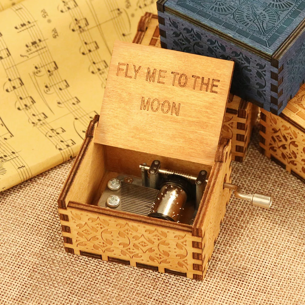 Vintage Retro Wood Music Box Fly Me to the Moon Hand Cranked Musical Case Home Antique Ornament Gifts