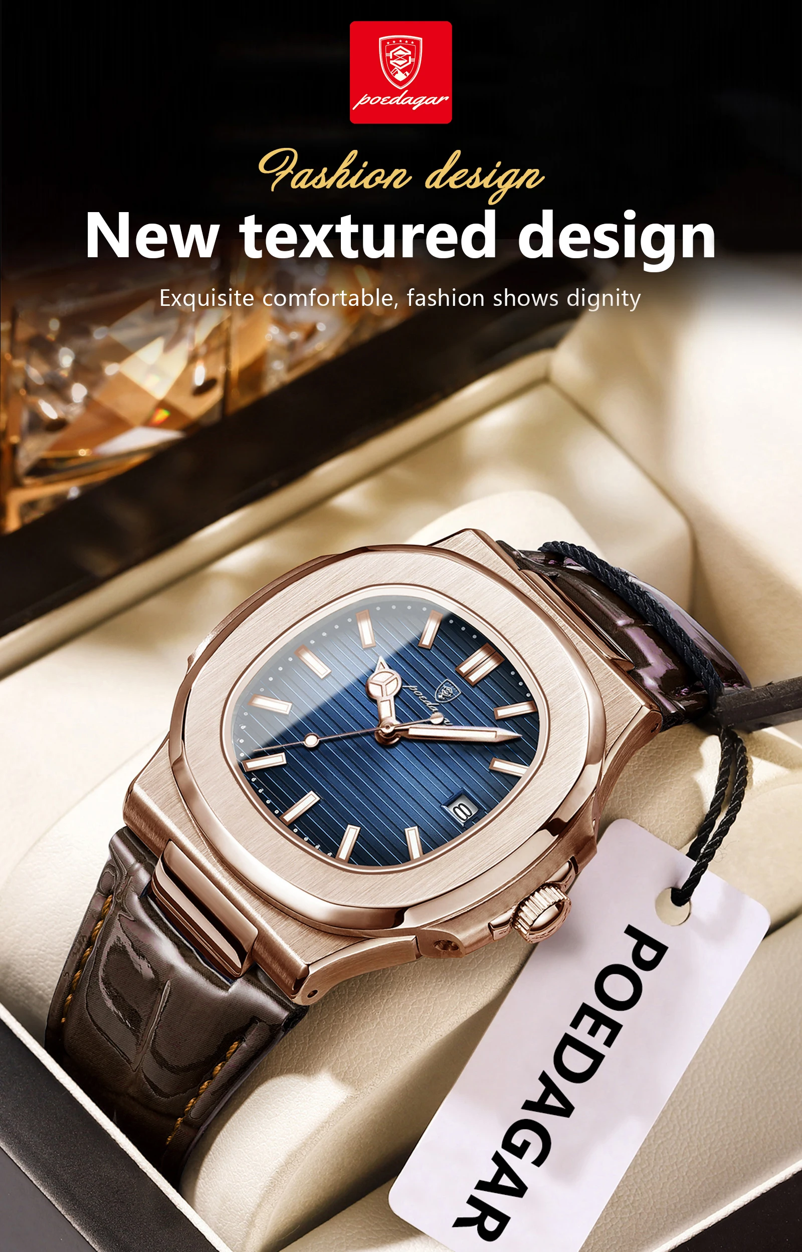 POEDAGAR Business Man Watch Date Waterproof Luminous Leather Classic Watches For Men High Quality Square Quartz Men's Wristwatch