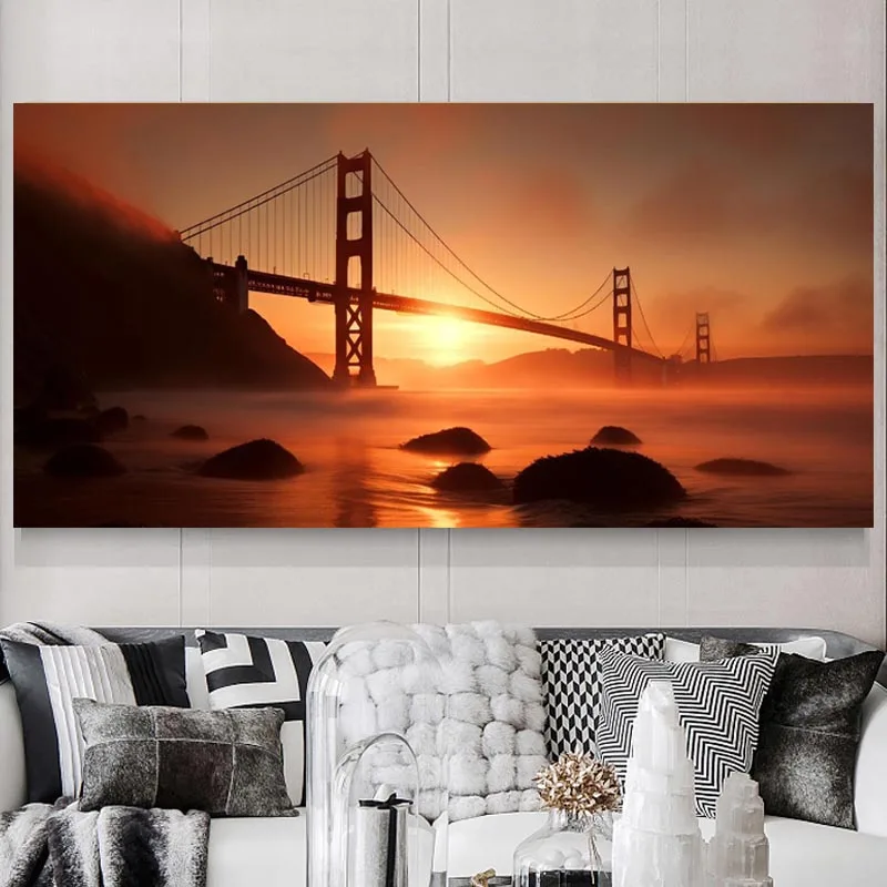 Bridge Scenery At Night Poster,Beautiful Landscape Canvas Painting,Sunset Sea Beach Wall Art Picture, Living Room,Home Decor