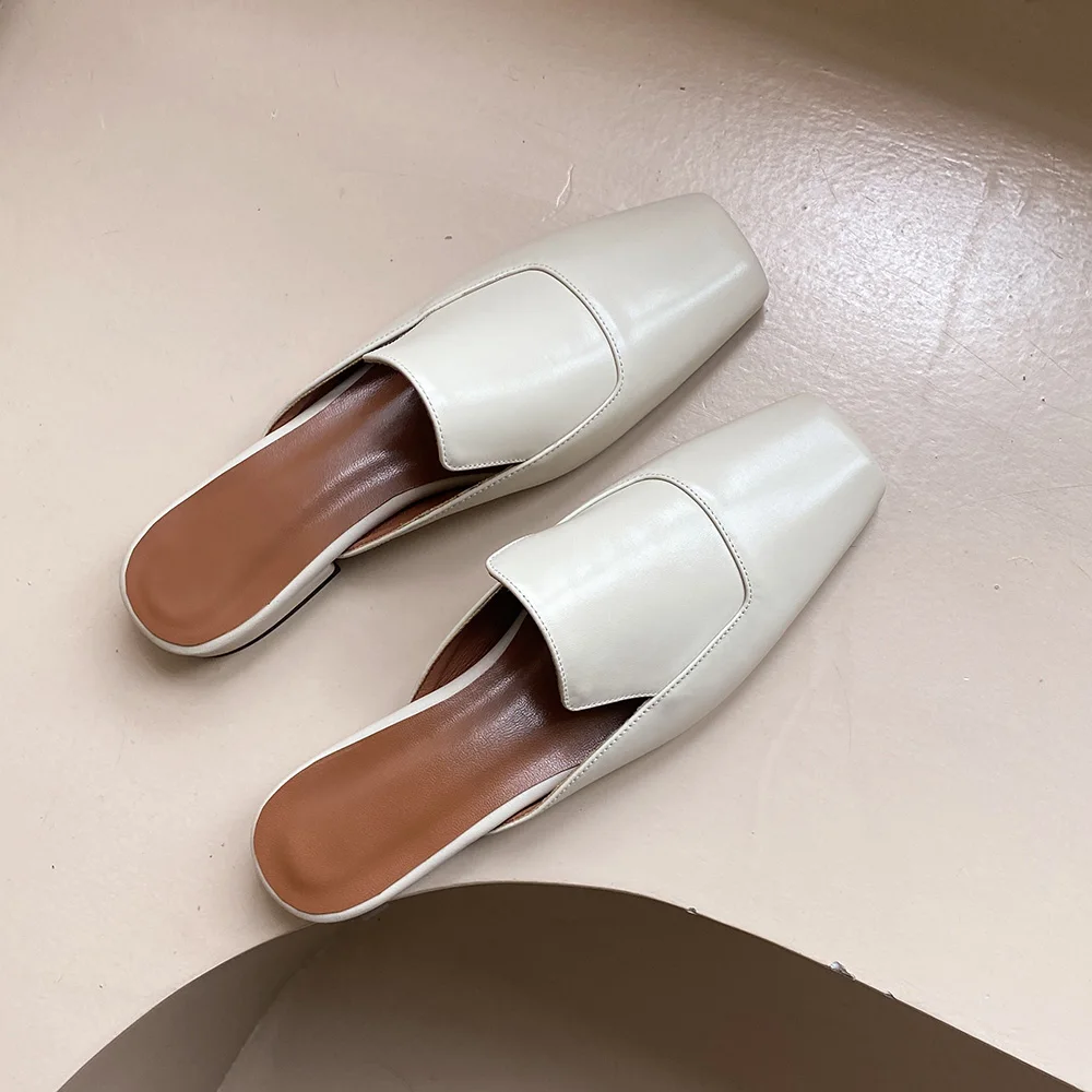 

Female Muller Shoes Square Toe Slides Genuine Leather Handmade Ladies Footwear Size 43 Shoes Woman Slip On Cow Leather Mules