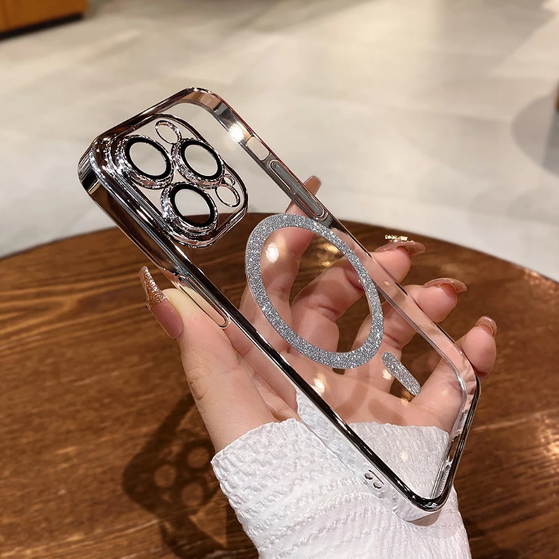 Custodia di ricarica wireless magnetica con placcatura trasparente di lusso per iPhone 14 13 12 Pro Max Plus per cover rigida per PC antiurto Magsafe_voghion.com