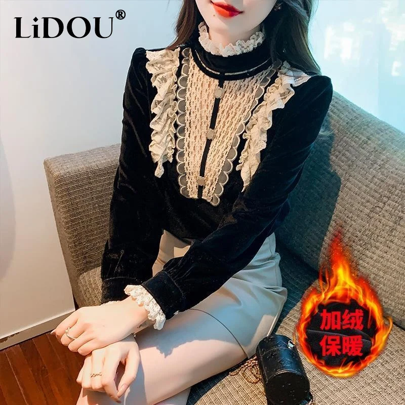 

Autumn Winter New Solid Color Lace Patchwork Shirt Women High Street Long Sleeve Button Pullovers Plus Velvet Warm Chic Tops
