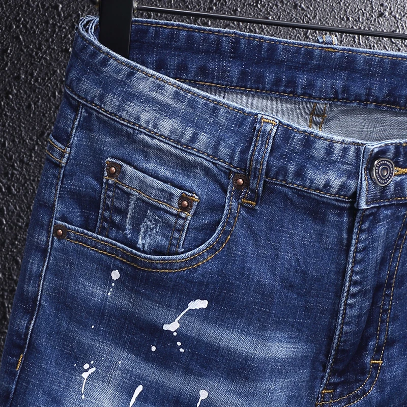 Fashion Designer Men Jeans Retro Blue Elastic Slim Stretch Ripped Jeans Men Painted Trousers Street Vintage Denim Pants Hombre