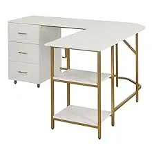 This space-saving desk has an l desk shape that fits into corners for a roomy home office space